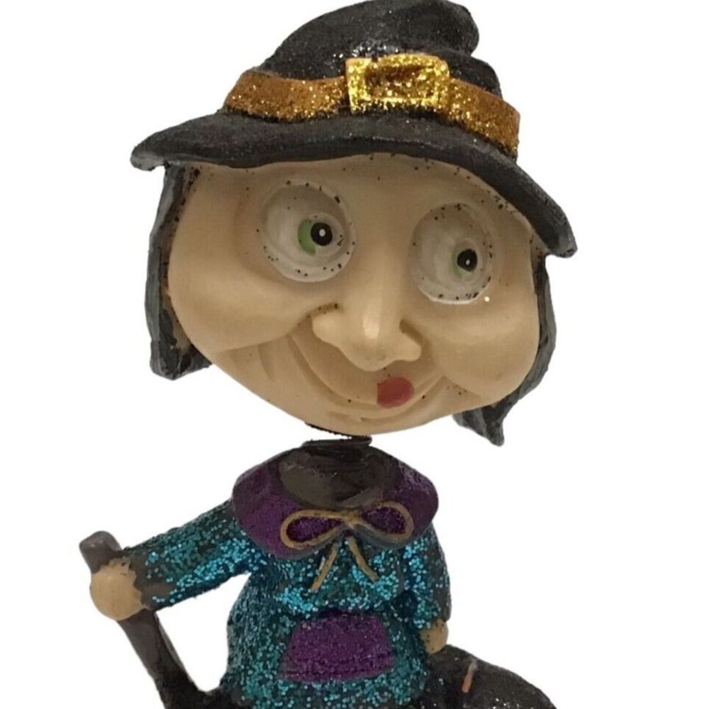 Halloween Witch Bobble Head Glittery Bobblehead Jiggling Resin 4.25" Kitschy